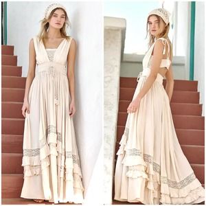 Free People Sz S Santa Maria Maxi Dress Summer Khaki Crochet Lace Beachy Tassel